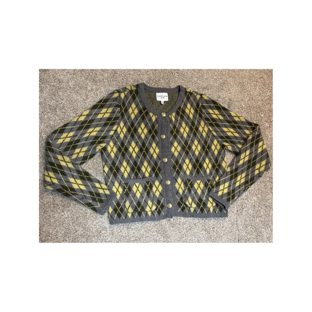 Willow & Wind Argyle Cardigan Sweater Womens Large Grey Yellow Gold Crest Button